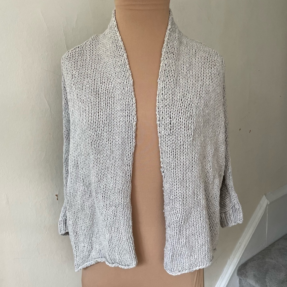 Eileen Fisher Light Gray Cotton Linen Knit Short Sleeve Open Cardigan Sweater PL